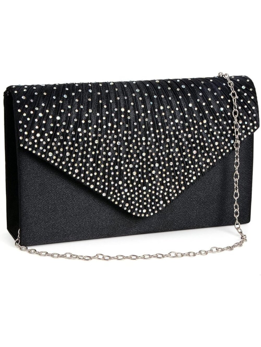 Black Rhinestone Envelope Evening Clutch Purse with Chain Strap